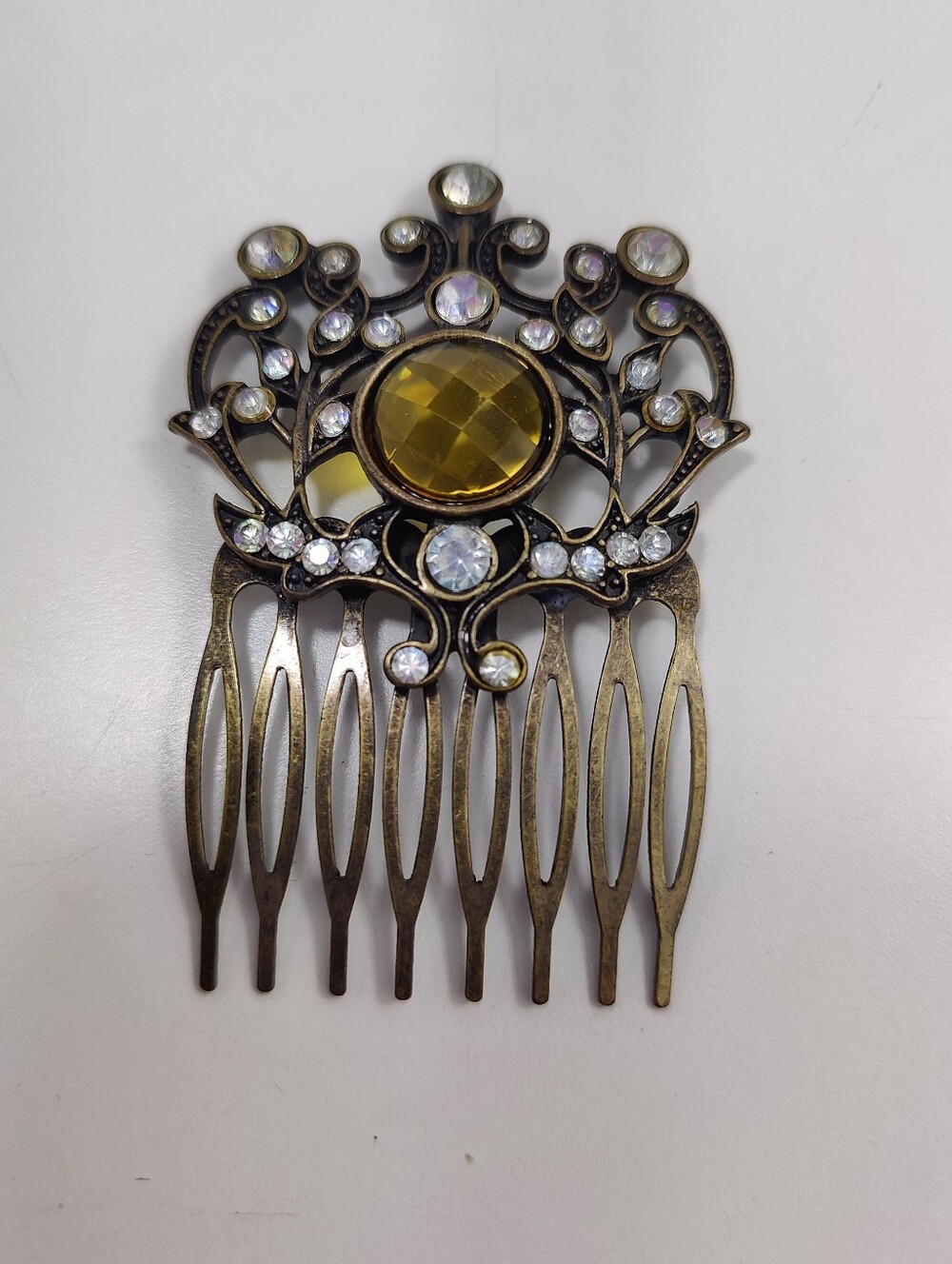 Vintage Bronze Tone Amber Rhinestone Ornate Victorian Revival Hair Comb
